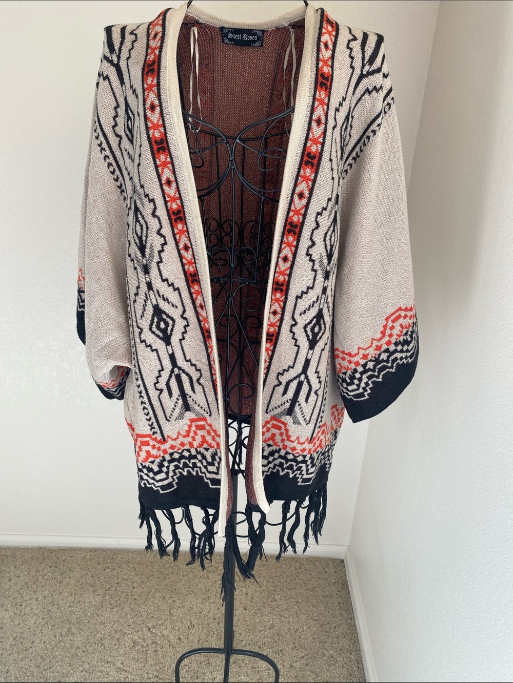 Steel Roses Cream Open-Front Fringe Cardigan with Black & Coral Accents